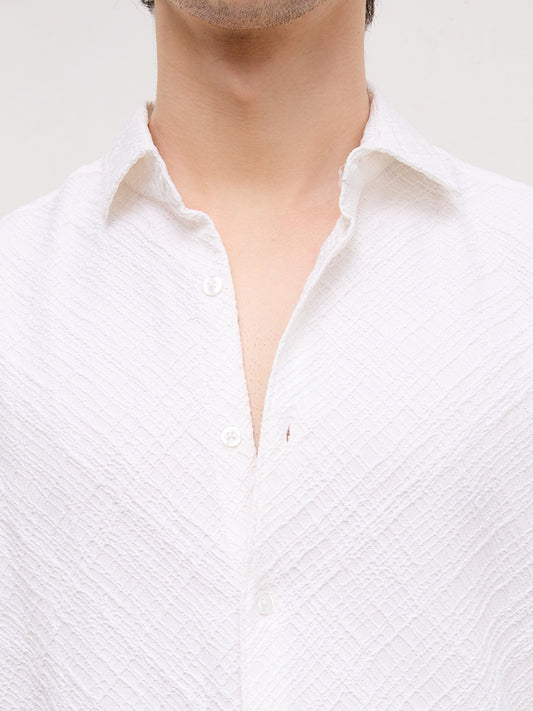 White Diamond Lattice Weave Textured Shirt