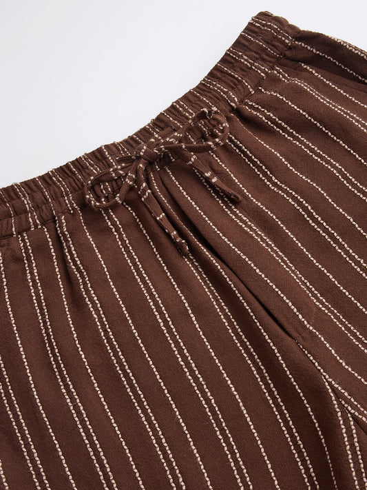 Intricate Coffee Brown Striped Straight Leg Trousers