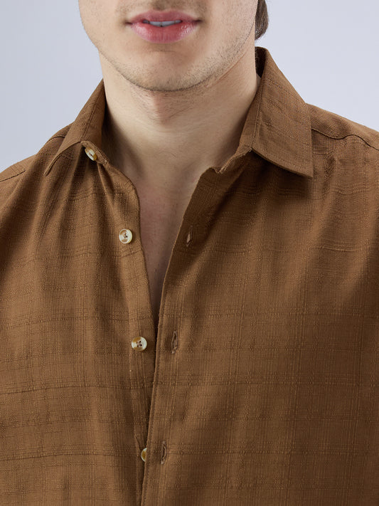 Russet Brown Micro Grid Weave Textured Shirt