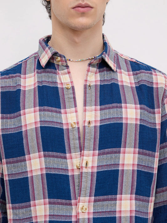 Denim Blue & Red Tartan Checked Shirt