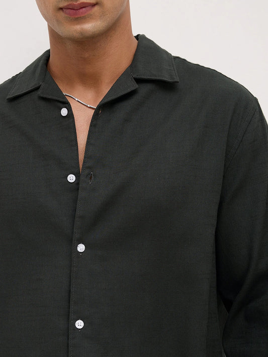 Forest Green Fine Sheer Slub Textured Oversized Notch Collar Shirt
