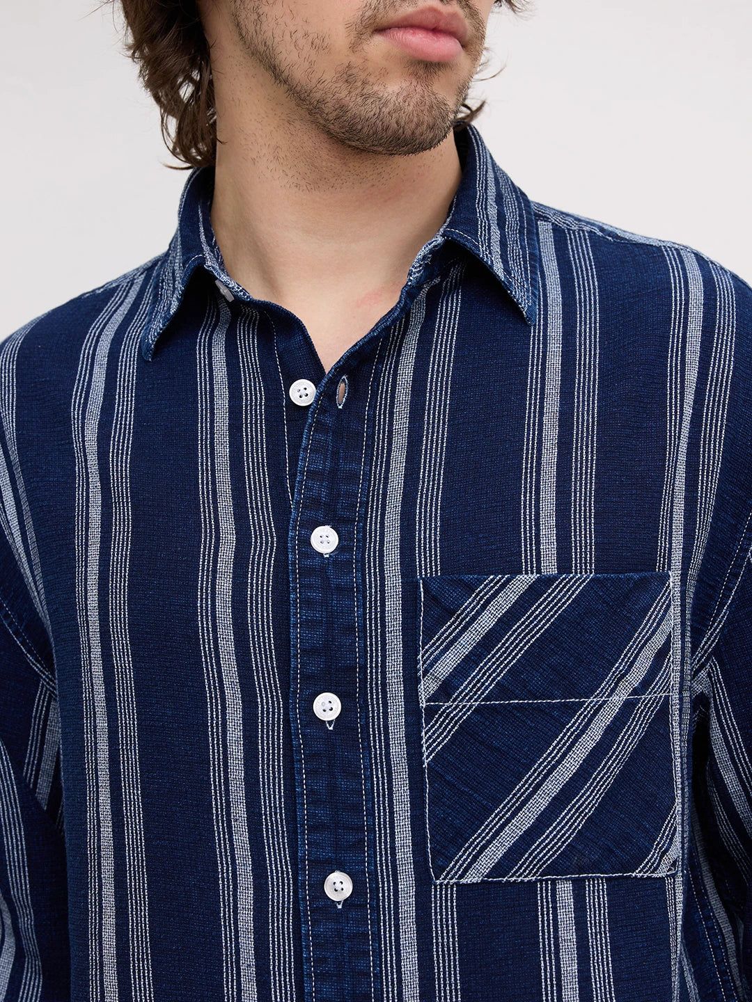 Artisan Midnight Navy Striped Denim Boxy Fit Crop Shirt