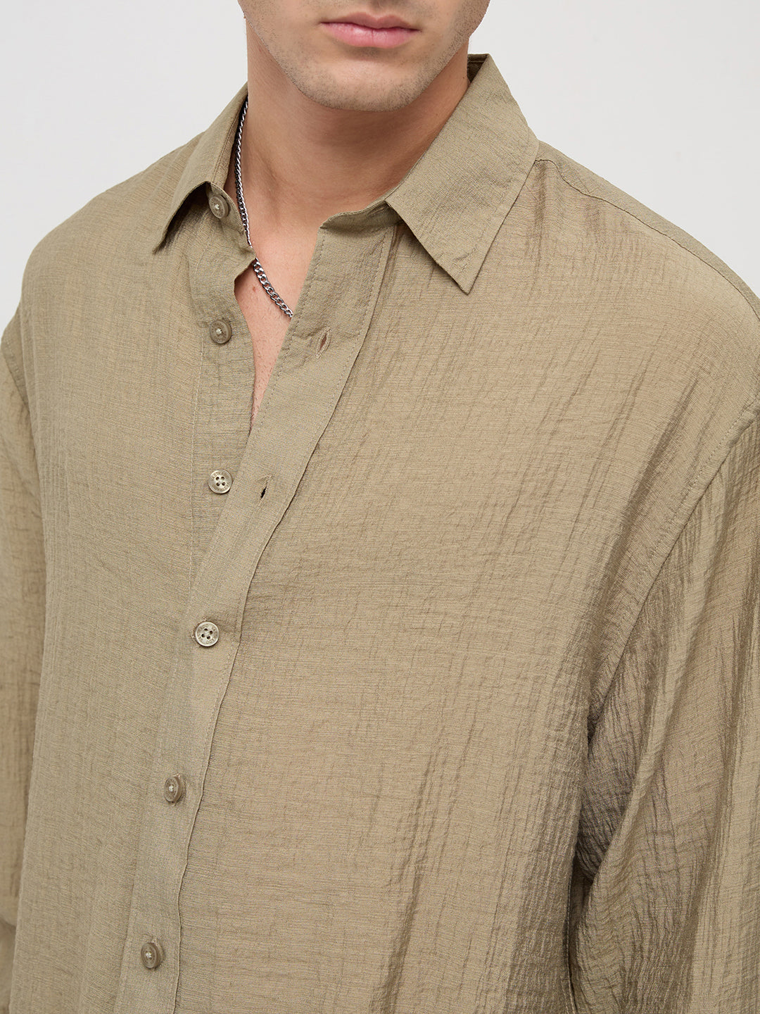Olive Sheer Crinkled Boxy Fit Crop Shirt