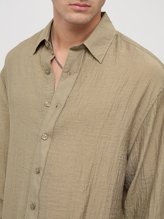Olive Sheer Crinkled Boxy Fit Crop Shirt
