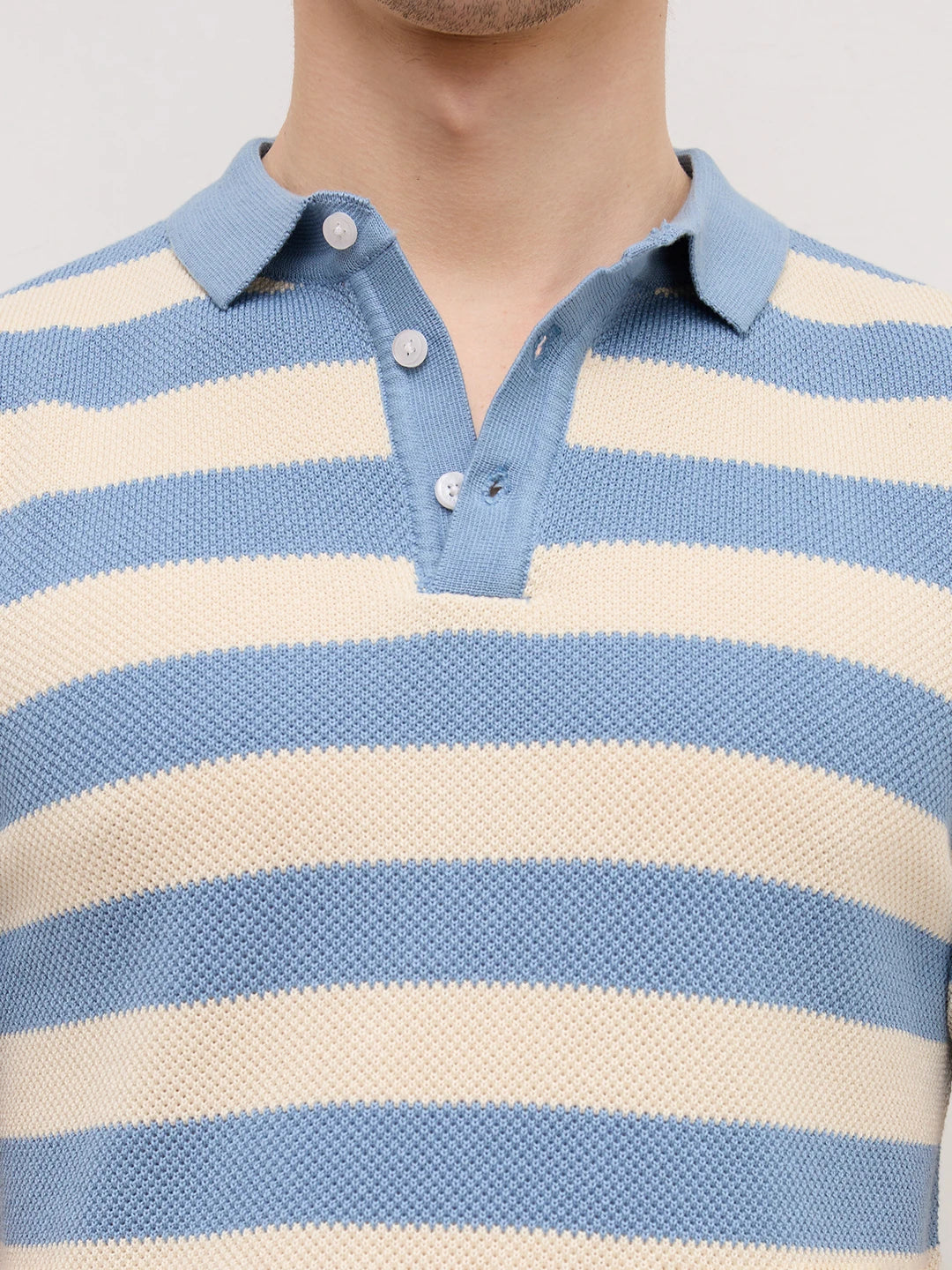 Blue & White Coastal Striped Flat Knit Polo T-Shirt
