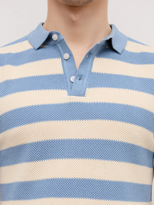 Blue & White Coastal Striped Flat Knit Polo T-Shirt