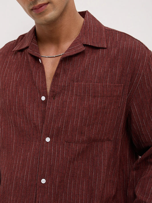 Elegant Maroon Multi-Stripe Weave Oversized Notch Collar Shirt
