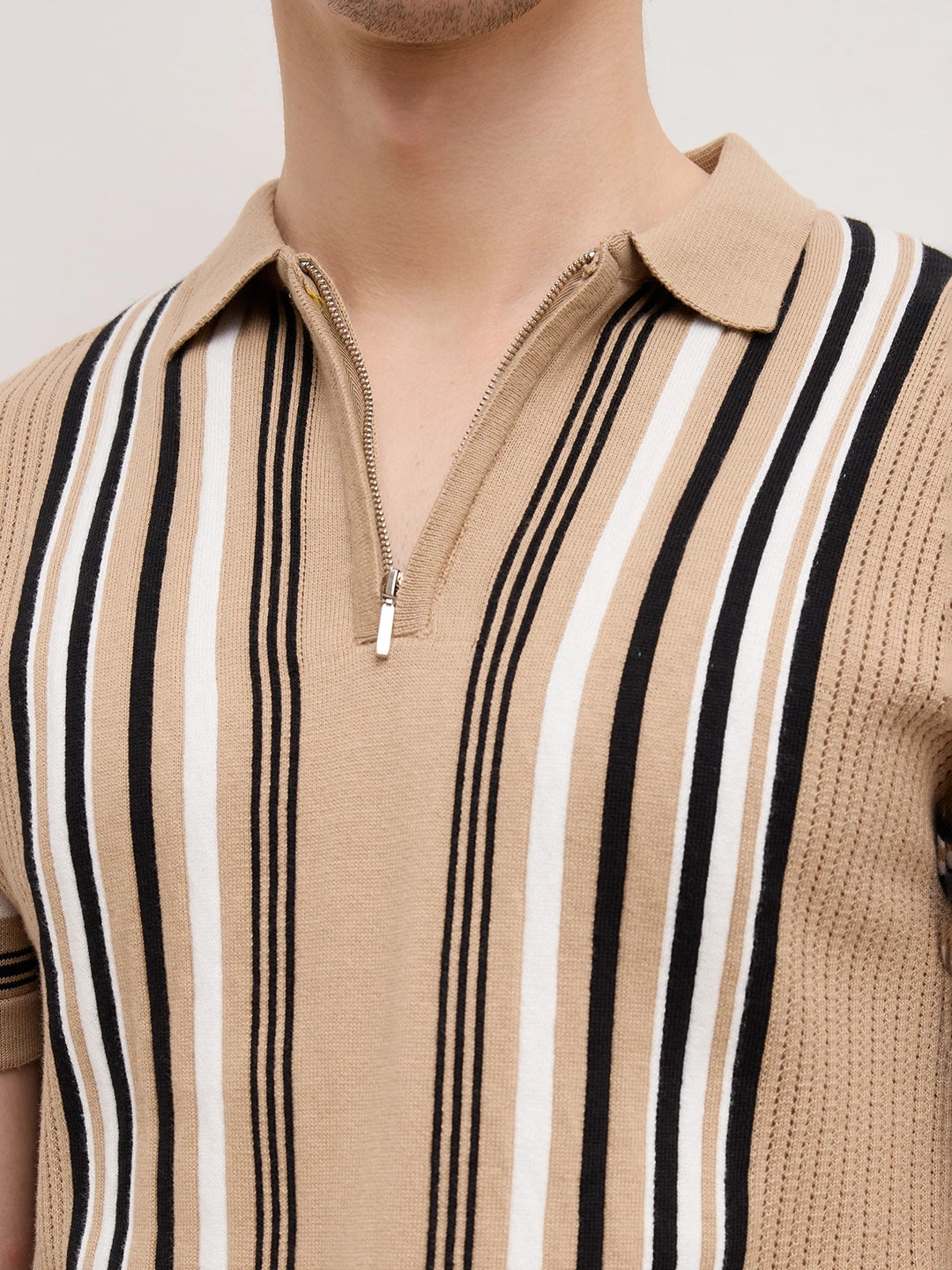 Beige Vertical Striped Flat Knit Zip Polo T-Shirt