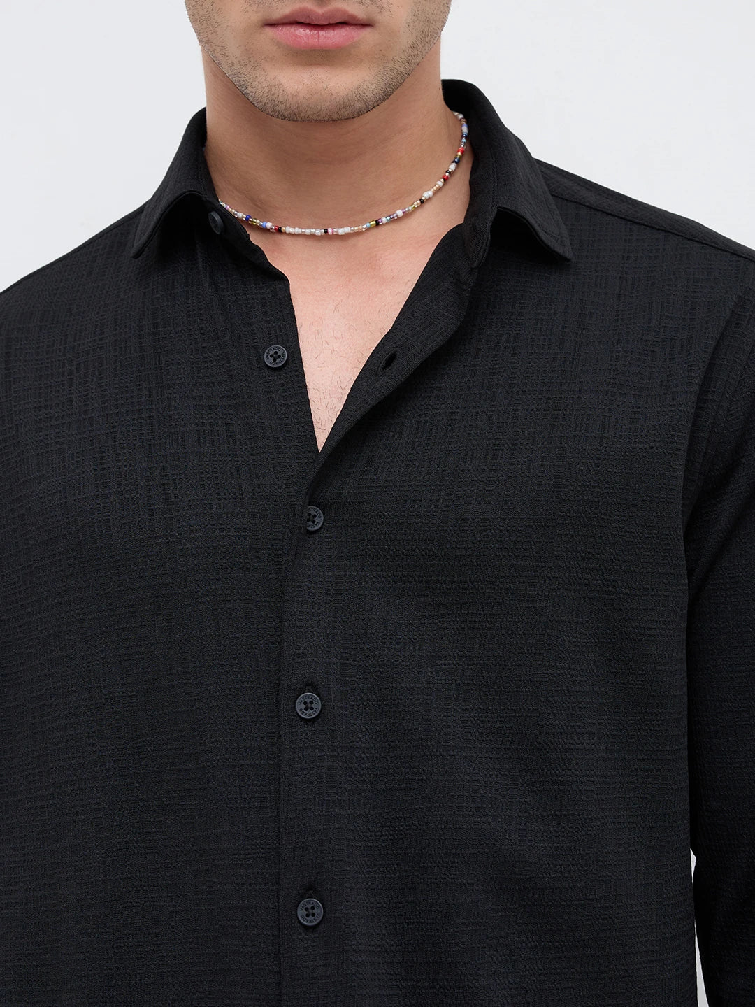 Black Mini Checks Textured Knitted Shirt