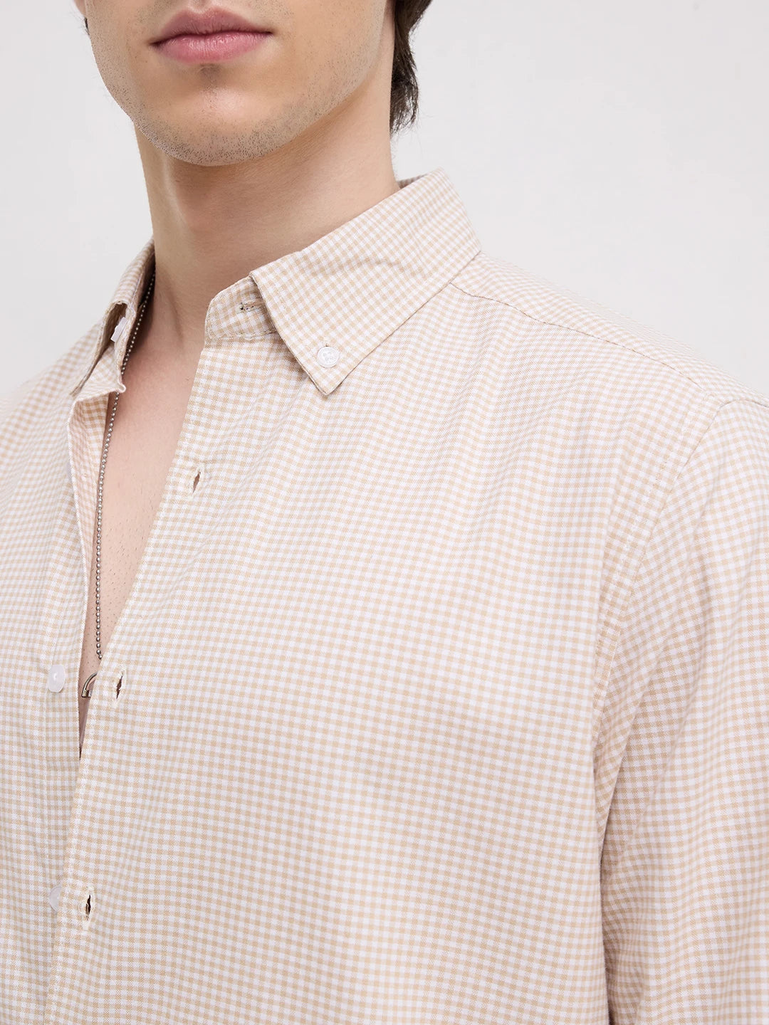 Sand Gingham Checks Button-Down Collar Business Shirt