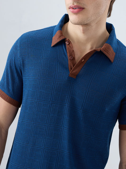 Dark Slate Blue Grid Contrast Polo Neck Knit T-shirt