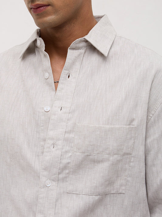 Grey Melange Textured Boxy Fit Crop Shirt