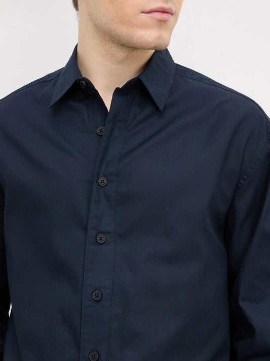 Classic Navy Herringbone Textured Boxy Fit Crop Shirt