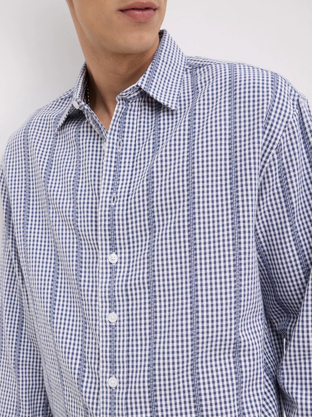 Breezy Blue Vacation Checks Boxy Fit Crop Shirt
