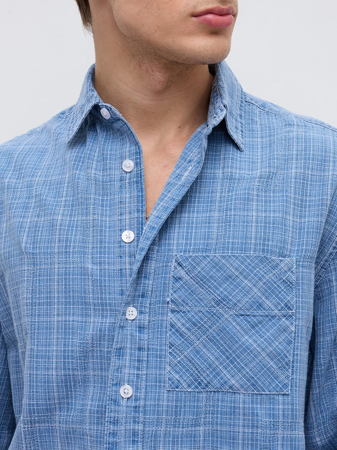 Icy Denim Blue Micro Checks Cuffless Oversized Crop Shirt