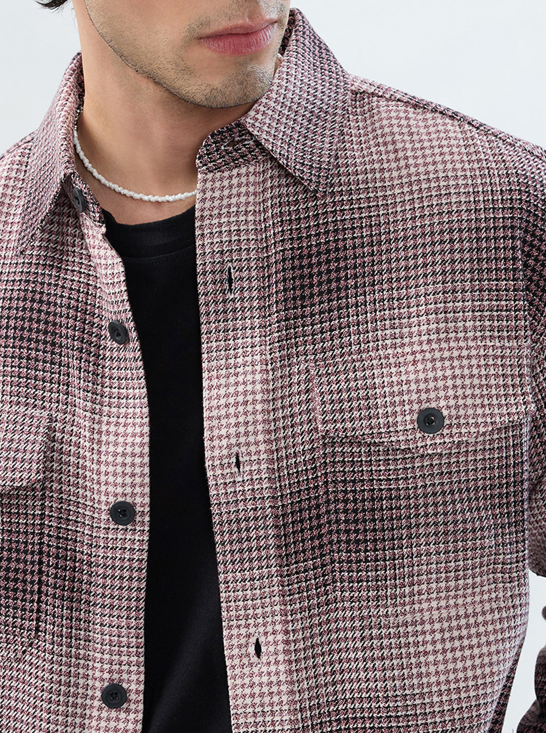 Old-School Red & Black Houndstooth Twin Pocket Flannel Shirt