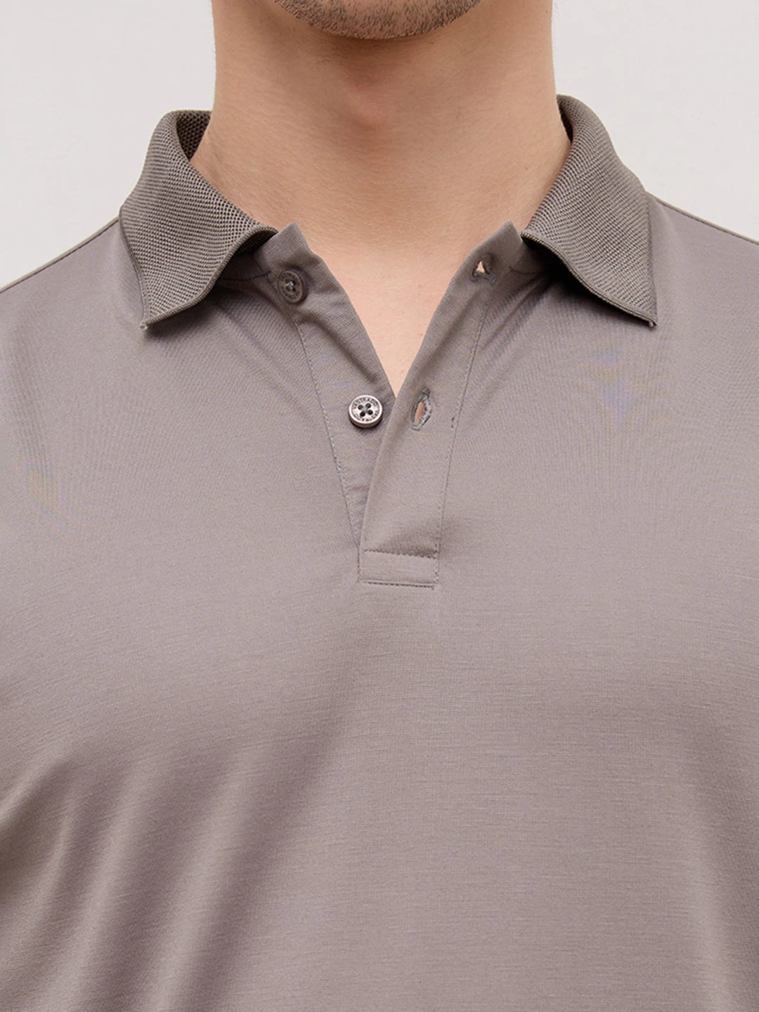 Solid Stone Grey Honeycomb Polo Neck Knit T-Shirt