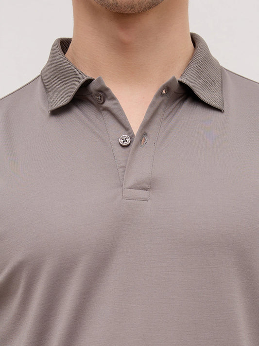 Solid Stone Grey Honeycomb Polo Neck Knit T-Shirt