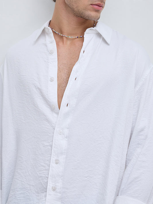 Soft Snow White Crinkled Boxy Fit Crop Shirt