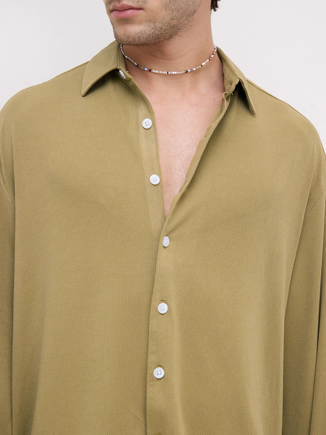 Luxe Khaki Fine Textured Knitted Boxy Fit Crop Shirt