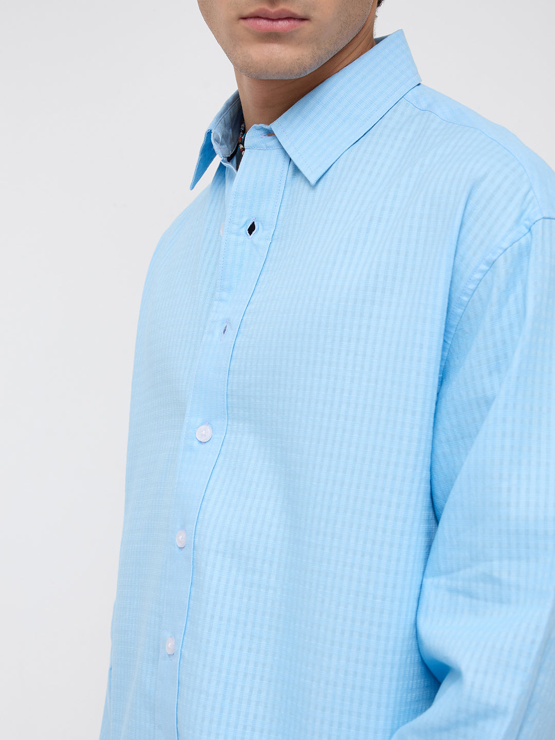 Baby Blue Textured Fine Grid Weave Boxy Fit Crop Shirt