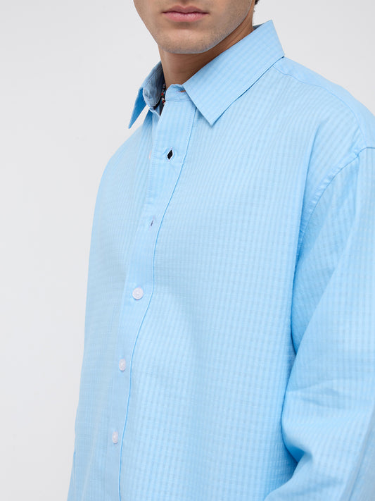 Baby Blue Textured Fine Grid Weave Boxy Fit Crop Shirt