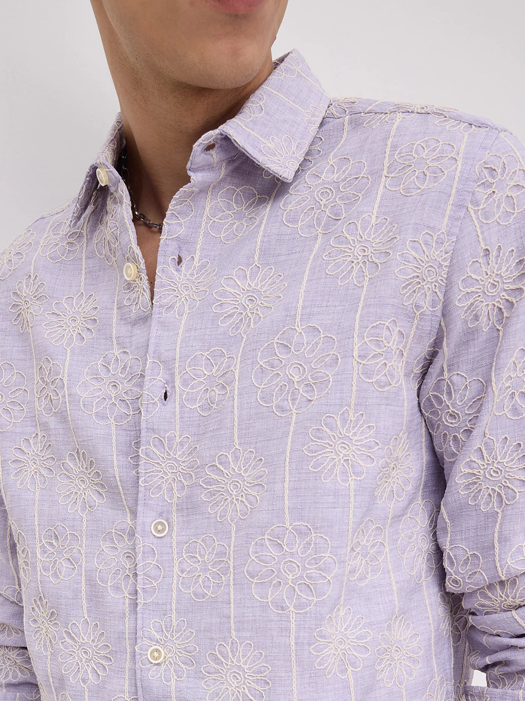 Soft Lilac Floral Embroidered Slub Shirt