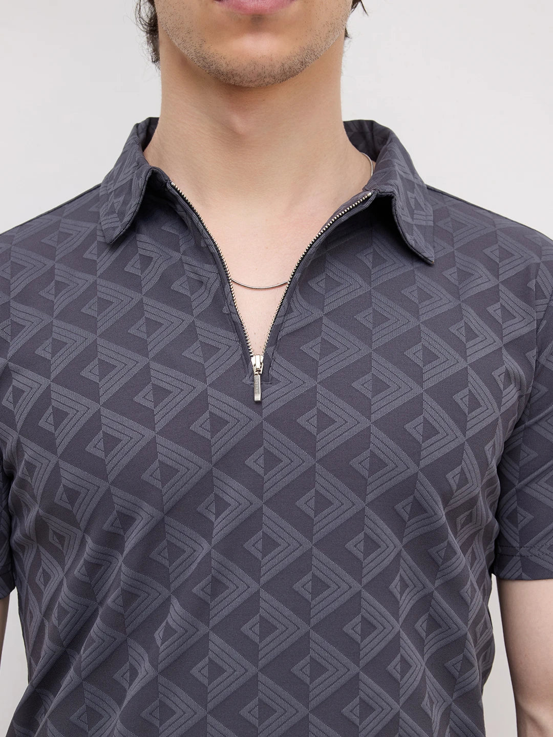 Slate Grey Diamond Embossed Zip Polo Tee