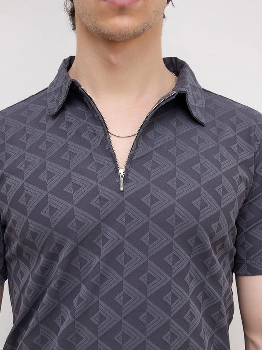 Slate Grey Diamond Embossed Zip Polo Tee