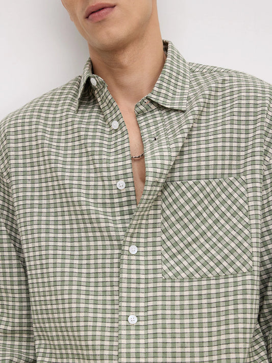 Moss Green & Ivory Cuffless Oversized Crop Shirt