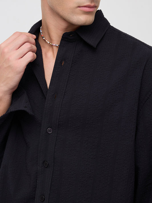 Black Seersucker Striped Boxy Fit Crop Shirt