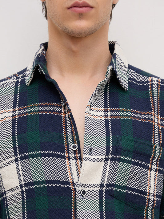 Navy Tweed Checks Tartan Checkered Flannel Shirt