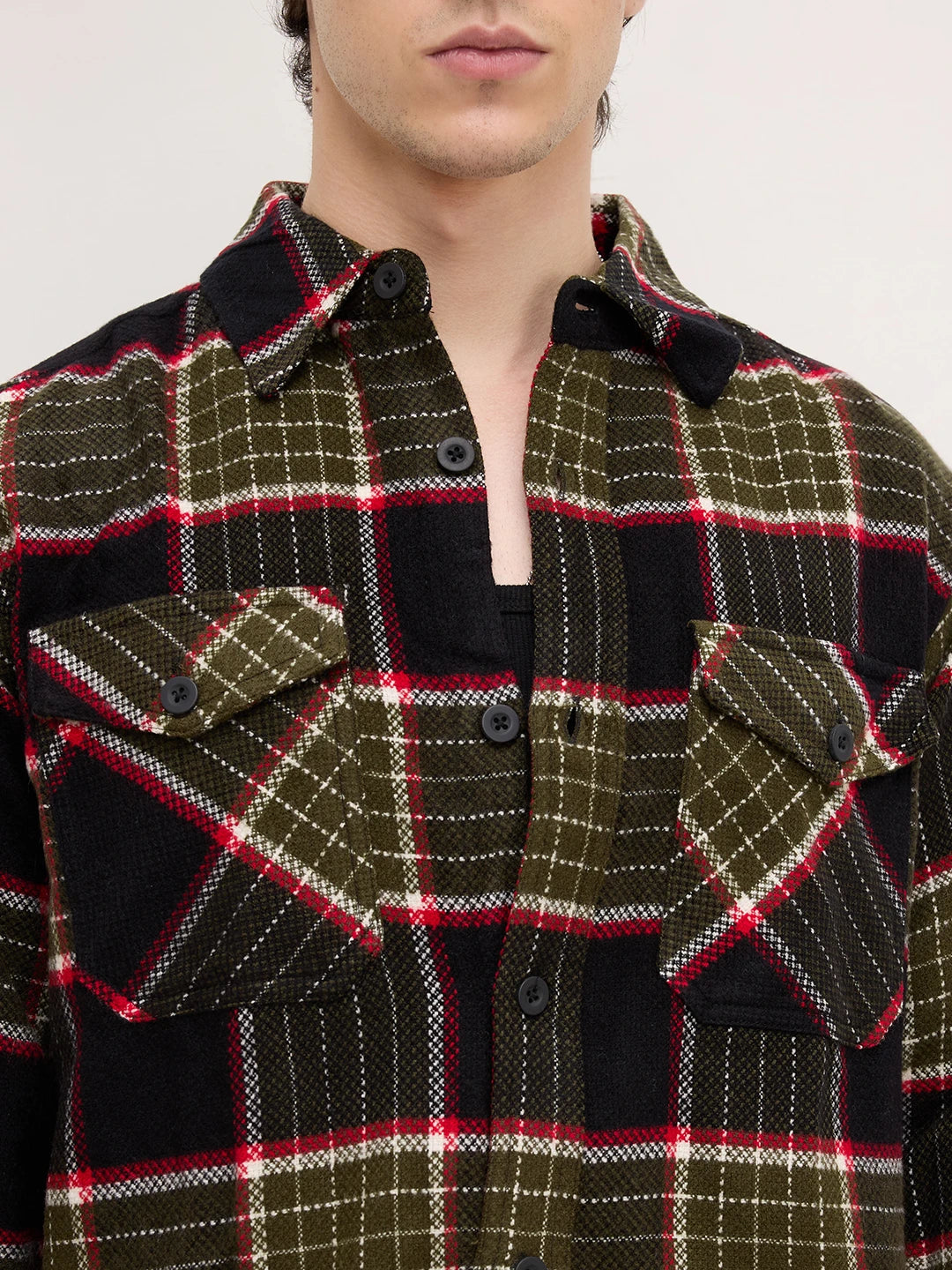 Premium Red & Olive Checks Double Pocket Boxy Fit Crop Shirt