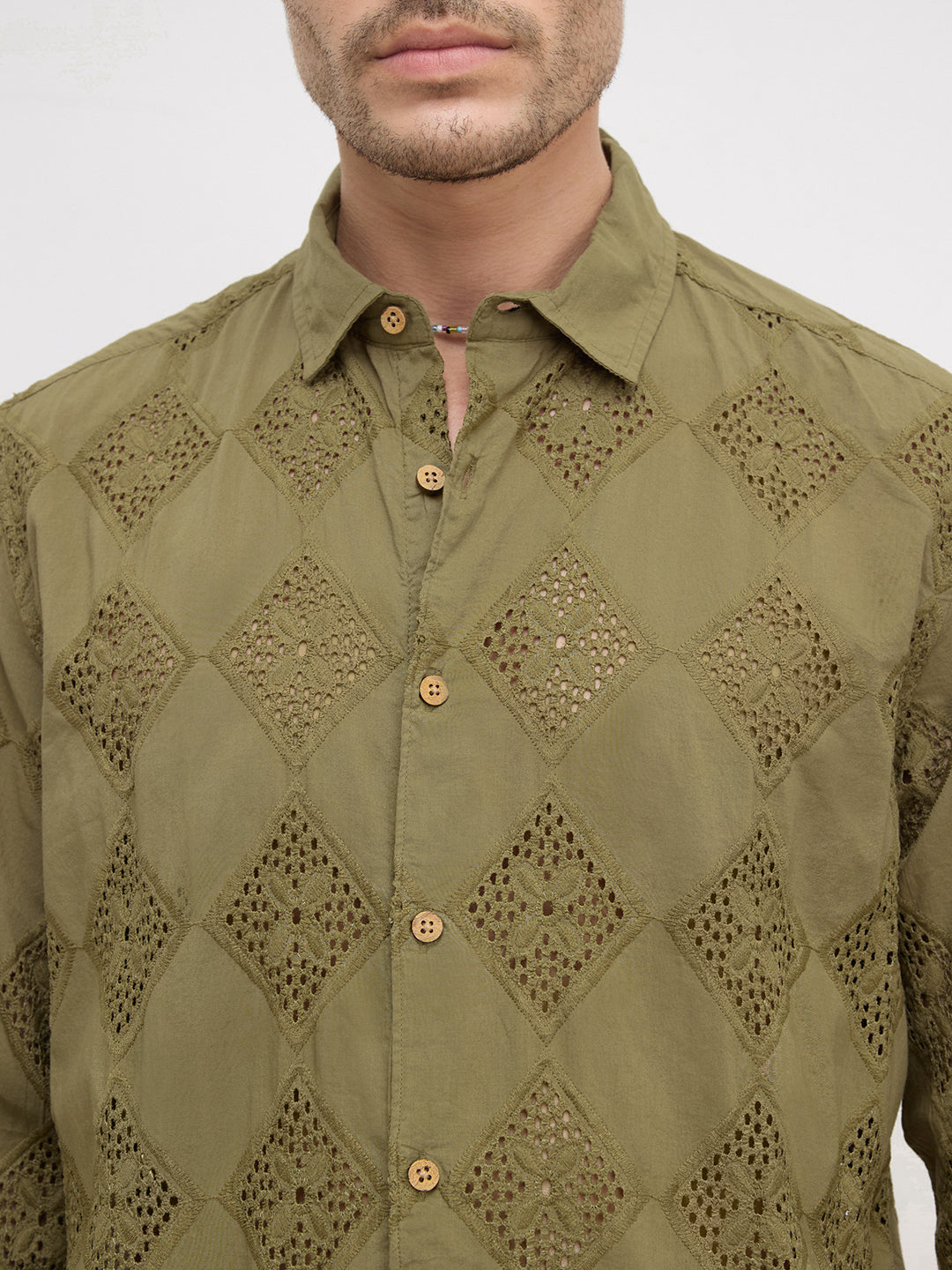 Olive Lozenge Schiffli Shirt