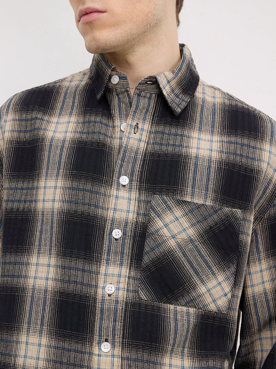 Rich Black & Blue Plaid Checks Cuffless Oversized Crop Shirt