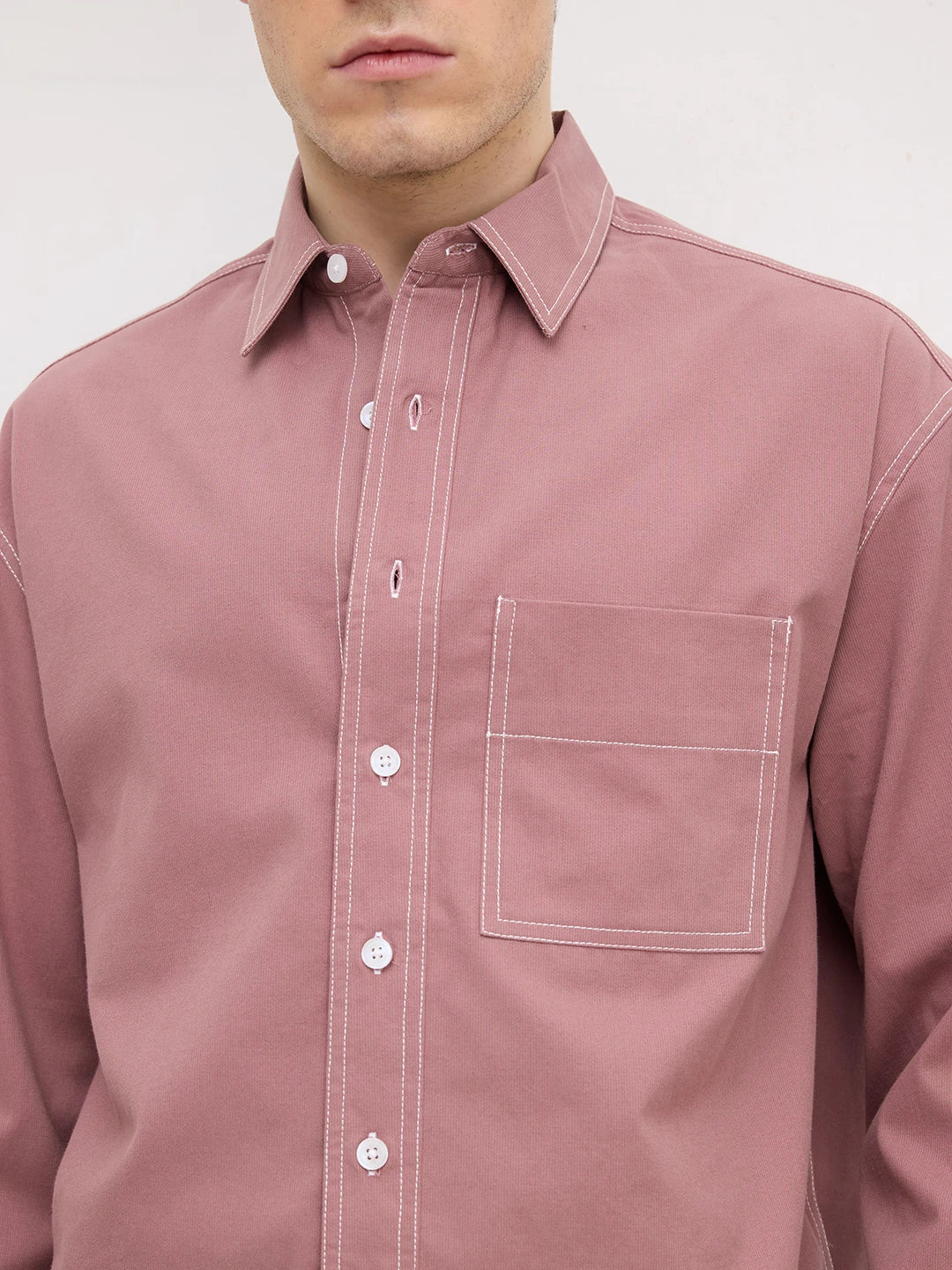 Serene Rouge Pink Contrast Stitch Boxy Fit Crop Cord Shirt