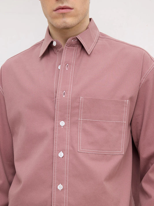 Serene Rouge Pink Contrast Stitch Boxy Fit Crop Cord Shirt
