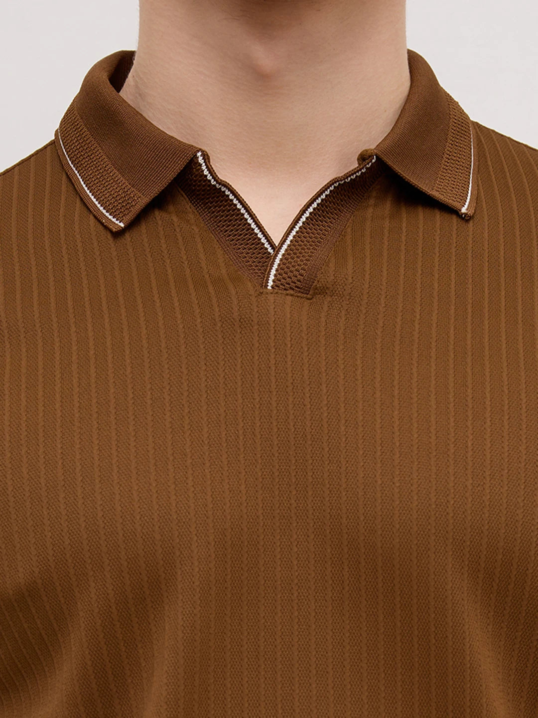 Chocolate Brown Striped Weave Polo Tee