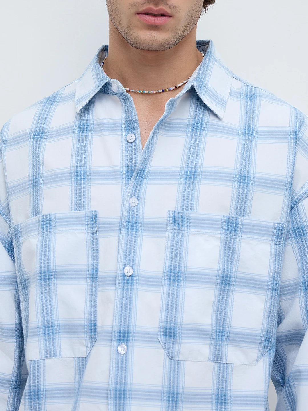 Timeless Denim Plaid Checks Twin Pocket Oversized Crop Shirt