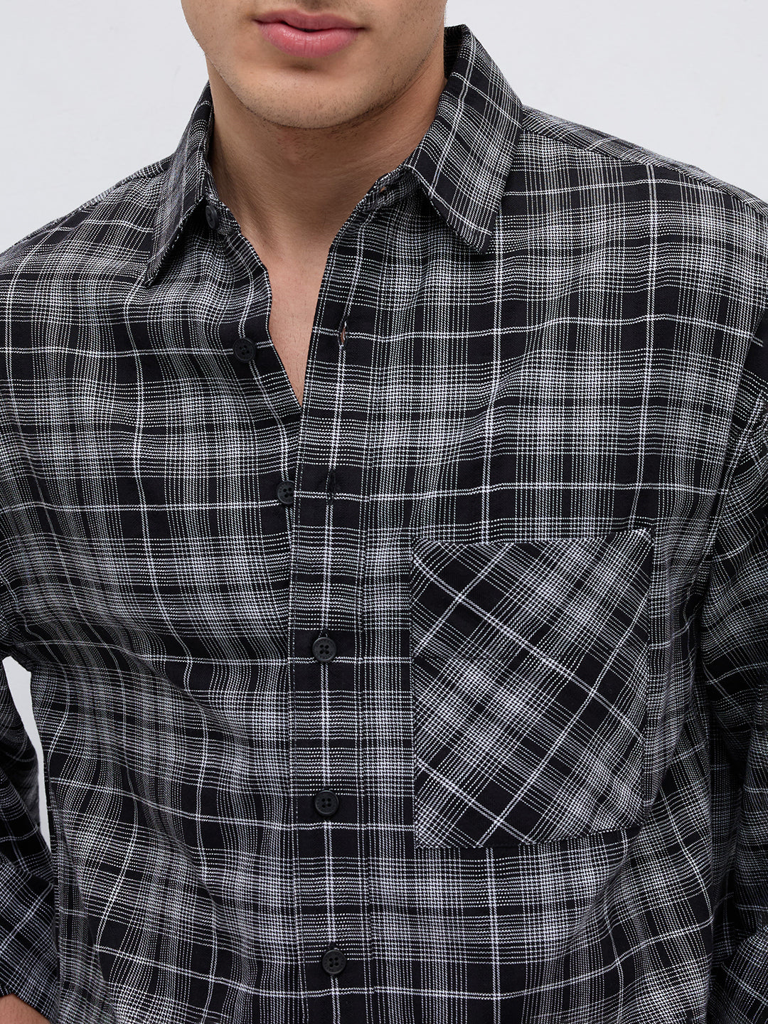 Eclipse Grid Fine Checks Cuffless Oversized Crop Shirt