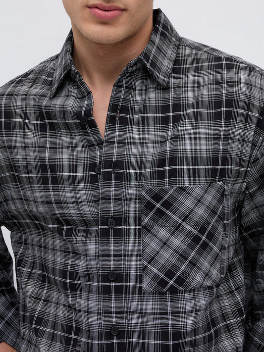 Eclipse Grid Fine Checks Cuffless Oversized Crop Shirt
