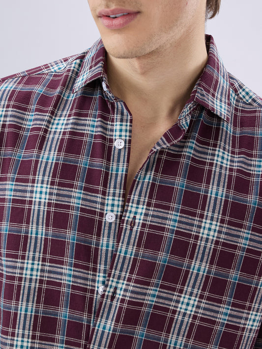 Maroon & Blue Tartan Checked Shirt
