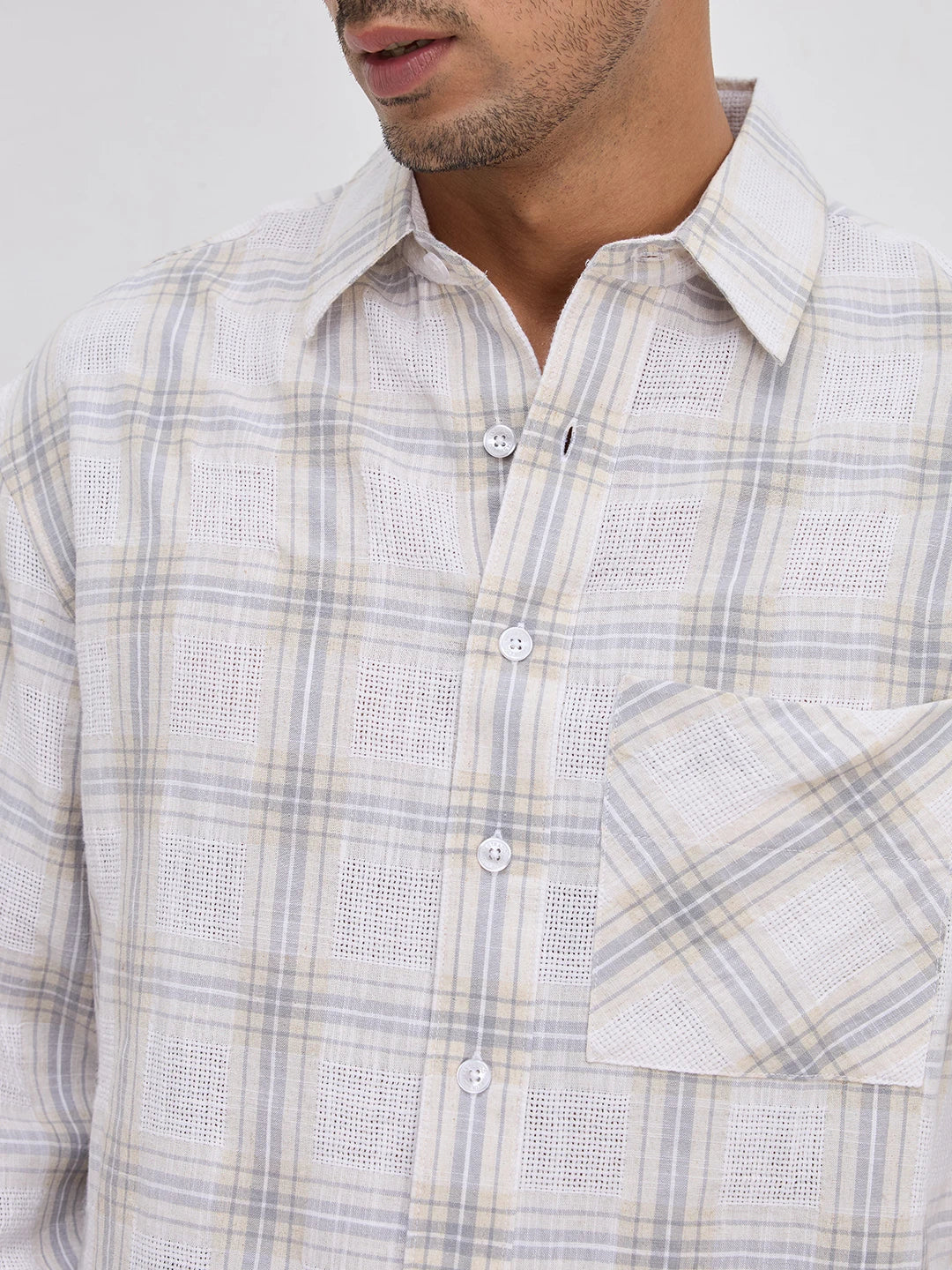 Grey & Ivory Structured Check Weave Boxy Fit Crop Shirt