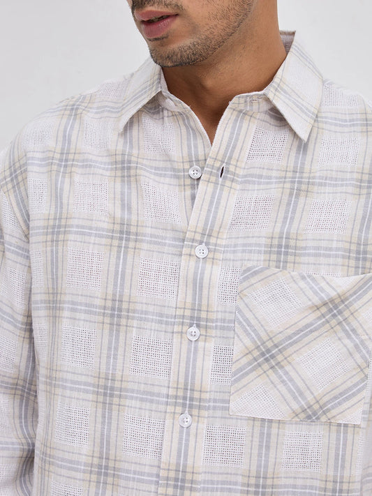 Grey & Ivory Structured Check Weave Boxy Fit Crop Shirt