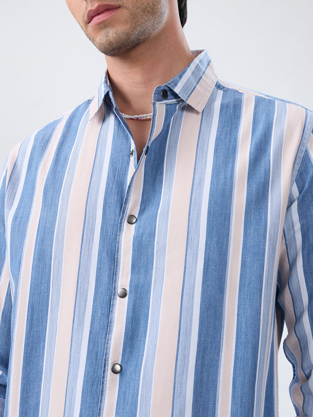 Denim Blue & Peach Broad Striped Shirt