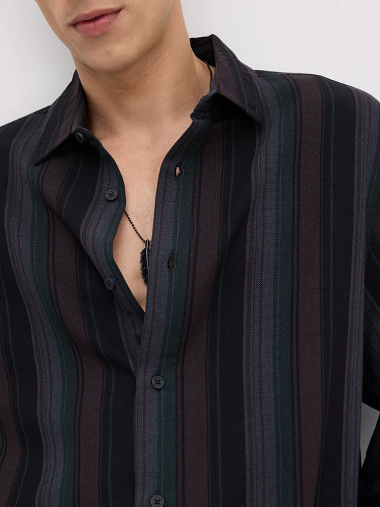 Luxe Brown Multi-Striped Cuffless Oversized Shirt