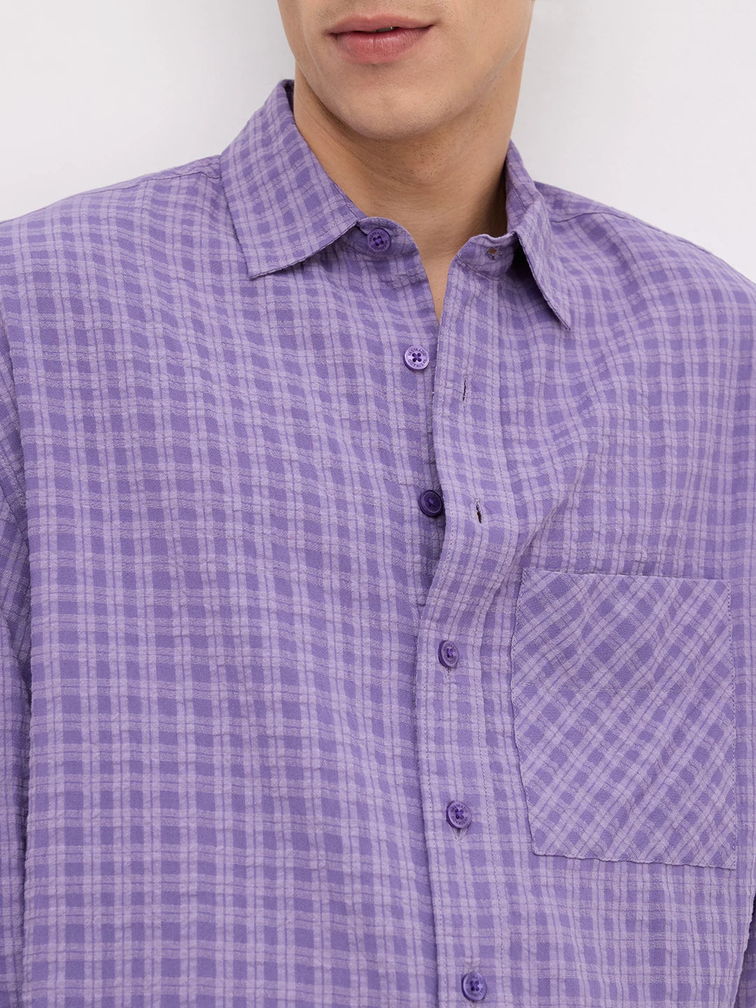 Purple Shadow Checks Boxy Fit Crop Shirt