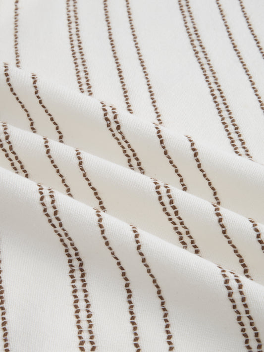 Off White & Brown Embroidered Striped Mandarin Shirt