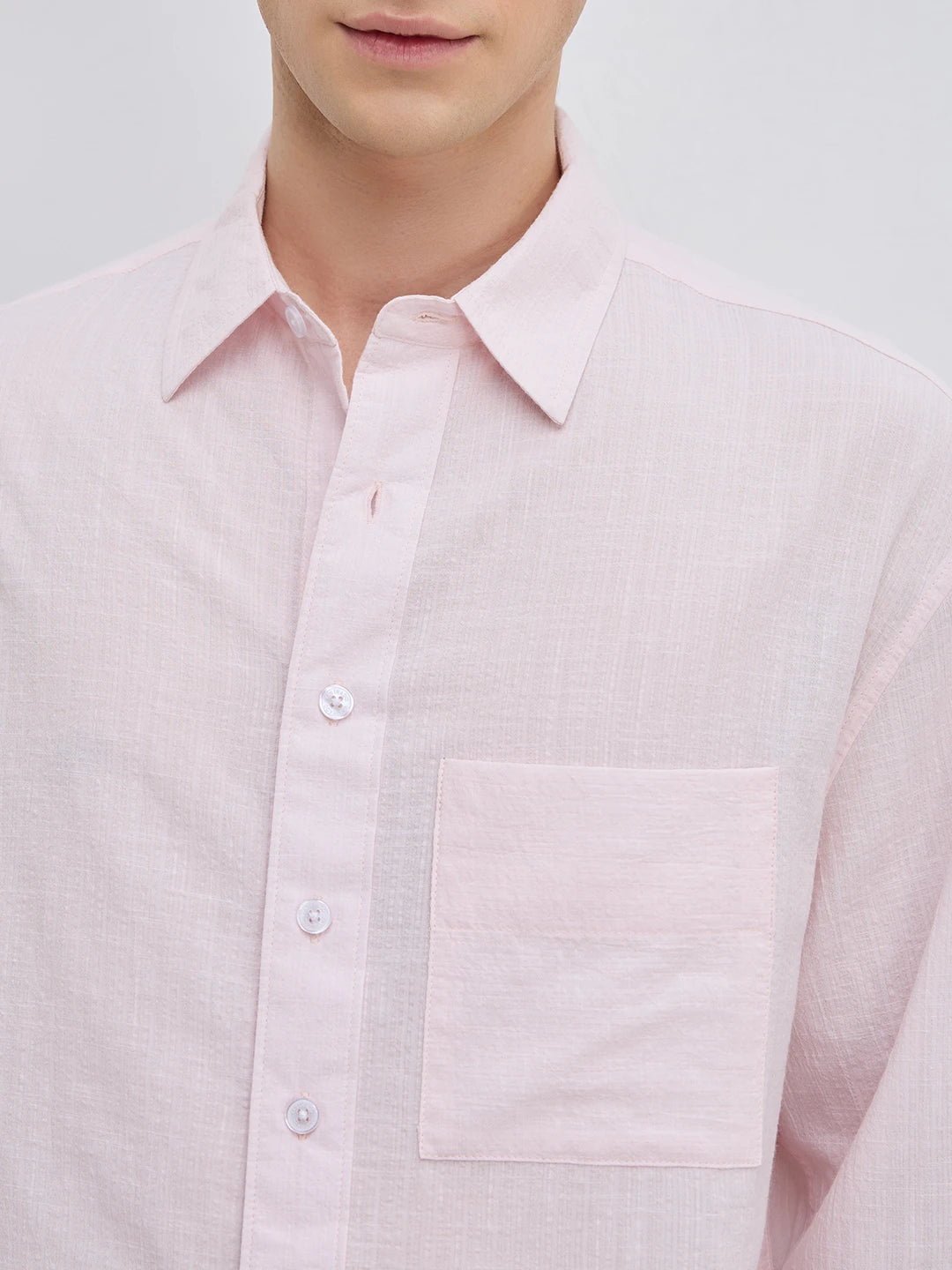 Blush Pink Fine Striped Textured Boxy Fit Crop Shirt