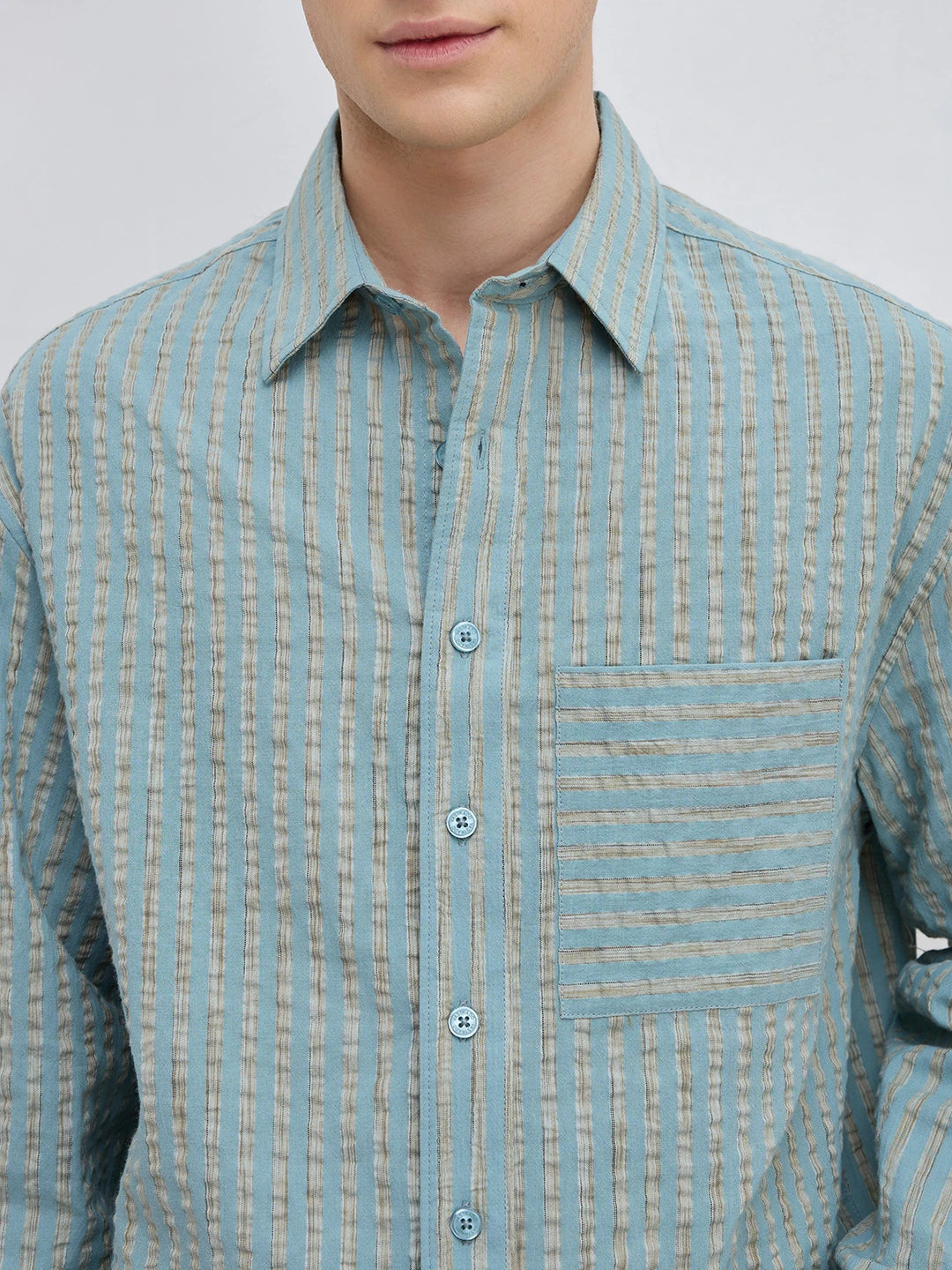 Sea Green Seersucker Candy Striped Boxy Fit Crop Shirt